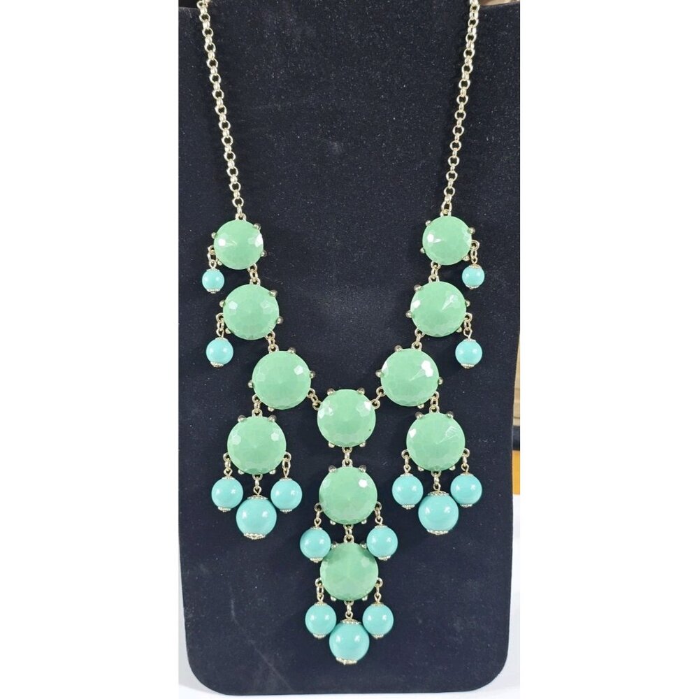 Green Faceted Statement Necklace Gold Tone Chain Chandelier Bib Necklace Vintage